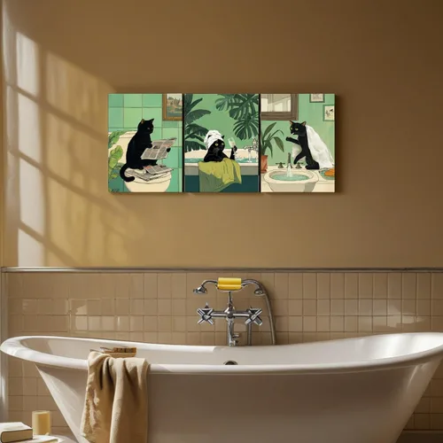 Vista 7 de Arte de Pared de Lienzo de Gato Negro Divertido para Baño, Lindo Estampado de Animales para Cuarto de Baño Inodoro Leyendo Periódico Humor