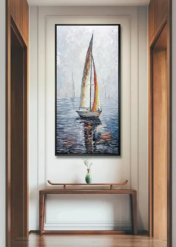 Vista 9 de V-inspire Arte, 24 x 48 pulgadas, moderno marco abstracto pintado a mano, pinturas al óleo, barco de vela en el mar, lienzo acrílico, pintura
