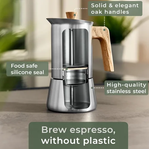 Vista 7 de WALDWERK Cafetera Moka de Acero Inoxidable (10 oz) - Cafetera Moka Libre de Tóxicos con Mango de Madera de Roble - Cafetera de Estufa para Espresso