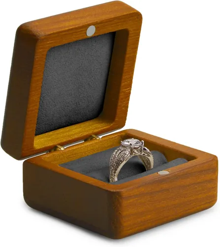 Vista 5 de Woodten Caja de anillo de boda de madera maciza Caja de anillo doble de madera cuadrada para propuesta
