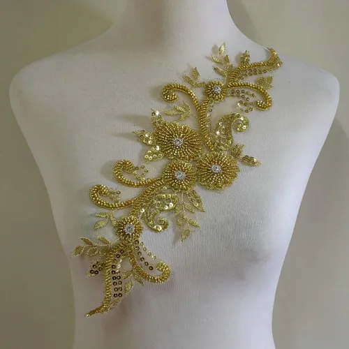 Vista 14 de Apliques de encaje con cuentas 3D Luz Lujo Ropa Collar Ramillete Bordado Accesorios (azul oscuro)