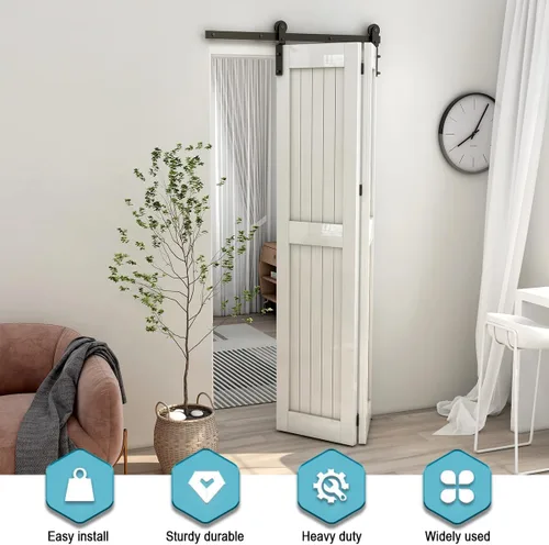 Vista 7 de CCJH Kit de riel deslizante para puerta de granero biplegable de 3.3 pies/39 pulgadas para 2 puertas, acero al carbono resistente