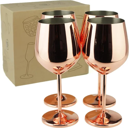 Vista 3 de PG Juego de copas de vino de acero inoxidable con tallo de cobre y oro rosa, 4 – 18.5 oz