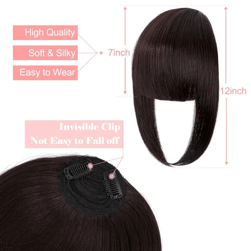 Vista 3 de Extensión de clip de pelo grueso con flecos, flequillo recto y ordenado para mujer, flequillo plano con sienes, marrón oscuro