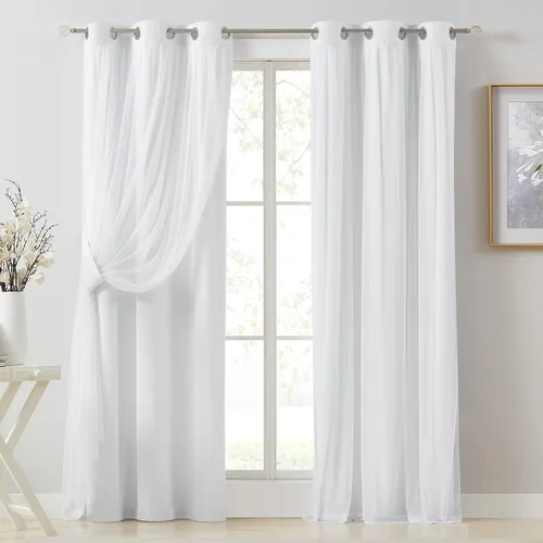 Vista 24 de Bujasso Cortinas 80% Opacas Beige con Superposición de Gasa Mezcla y Combinación Paneles de Ventana con Aislamiento Térmico de Doble Capa de 63