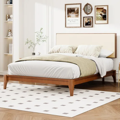 Vista 13 de Harper & Bright Designs Marco de cama de plataforma de bambú de tamaño matrimonial, cama de plataforma de madera de bajo perfil con cabecero, sin