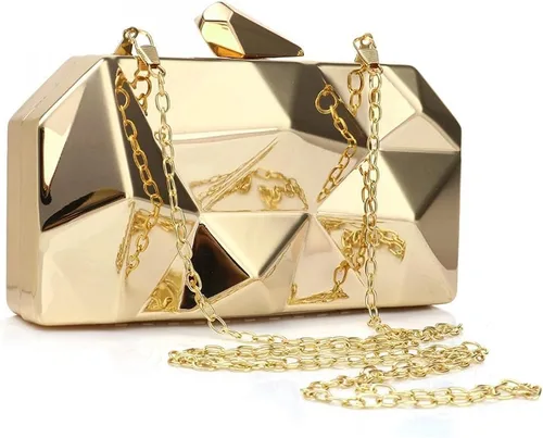 Vista 7 de Bolso de noche de metal con patrón geométrico de celosía para mujer, para boda, novia, graduación, bolso cruzado con cadena
