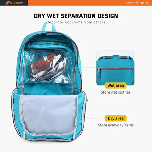 Vista 7 de SKYSPER Mochila ligera y plegable – Mochila de senderismo de 30L con bolsillo húmedo, mochila plegable de viaje para mujeres y hombres
