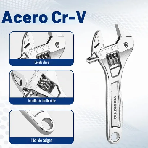 Vista 5 de WORKPRO - Llave ajustable de 4 pulgadas de servicio pesado con escala imperial y métrica, llave premium de acero Cr-V, cromada