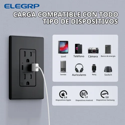 Vista 3 de ELEGRP Cargador USB de pared, receptáculo USB con puertos USB tipo A y tipo C, enchufe dúplex de 15 amperios resistente a manipulaciones NEMA 5-15R