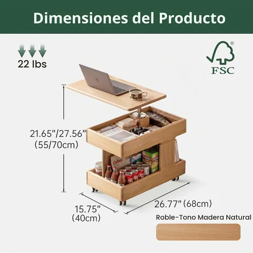 Vista 2 de Mesa de centro pequeña con ruedas, mesa de madera maciza con almacenamiento