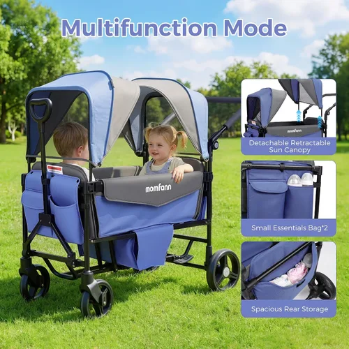 Vista 5 de Wagon Stroller for Kids, All Terrain Stroller Wagon with Removable Canopy, Toddler Wagon Stroller with Adjustable Push and Pull Handlebar, Large