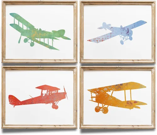 Vista 9 de Impresiones artísticas de aviones de guardería (juego de 4) – sin marco – 8 x 10 segundos Arte de pared encantador y caprichoso para guarderías