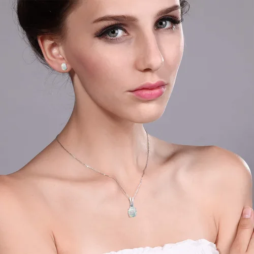 Vista 2 de Gem Stone King 3.07 Ct Cabujón Óvalo Blanco Simulado Ópalo 925 Colgante y Pendientes Conjunto de Joyería, Metal Gema, Ópalo Diamante
