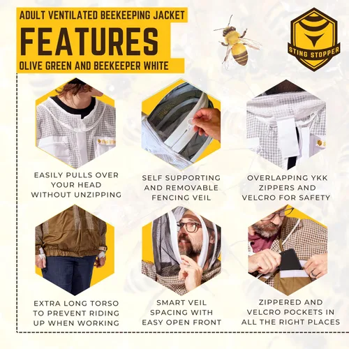 Vista 3 de Sting Stopper - Chaqueta de apicultura ventilada con velo Chaqueta de abeja transpirable de triple capa Torso largo, 7 bolsillos, cremalleras