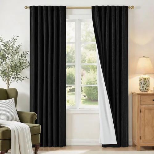 Vista 10 de Cortinas opacas completas de 63 pulgadas de largo para dormitorio, cortinas texturizadas de lino beige con forro con aislamiento térmico, cortinas