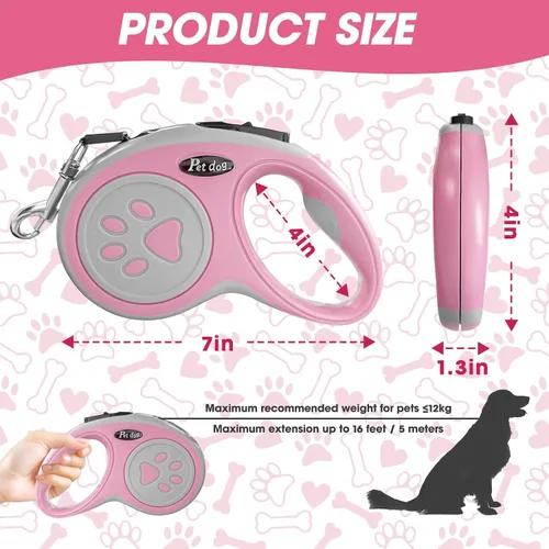 Vista 2 de Correa retráctil para perro de 16 pies, correa de nailon resistente con botón de bloqueo rápido para perros pequeños y medianos (rosa)