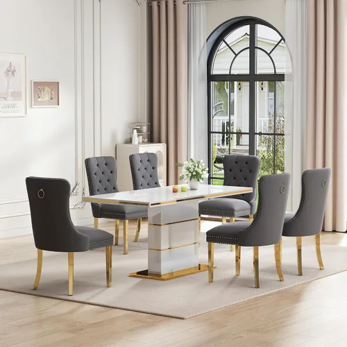 Vista 11 de Mesa de comedor moderna negra para 6 personas, mesa de cocina rectangular de 63 pulgadas con acabado lacado dorado y base de pedestal de acero
