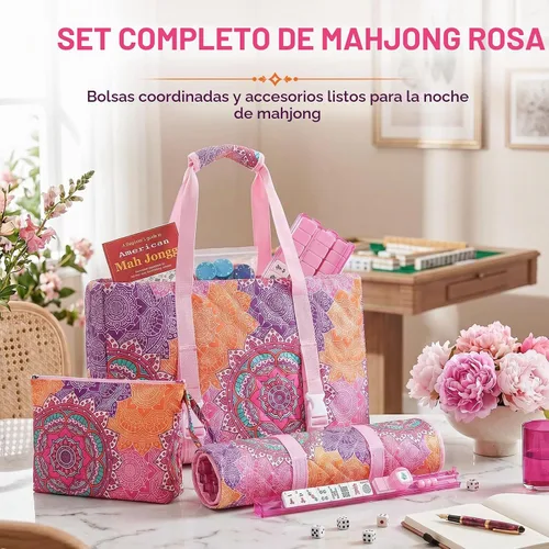 Vista 9 de American Mahjong - Juego completo de 166 azulejos rosados con 4