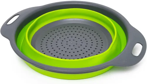 Vista 3 de Juego de 2 coladores plegables de silicona, de grado alimenticio, perfecto para drenar pasta, verduras y frutas (verde)