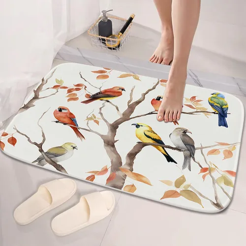 Vista 4 de TheBlackSpot Juego de 3 alfombras de baño rústicas de primavera de granja, diseño botánico de pájaros, tapete de baño de espuma viscoelástica