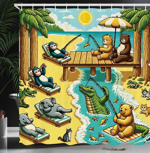 Vista 21 de Ambesonne Cortina de ducha con banda de animales, mono de concierto caprichoso con teclado, oso, guitarrista, gato, juego de decoración de baño