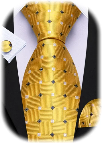 Vista 185 de Barry.Wang Juego de corbatas a cuadros para hombre con pañuelo gemelos de rayas clásicas