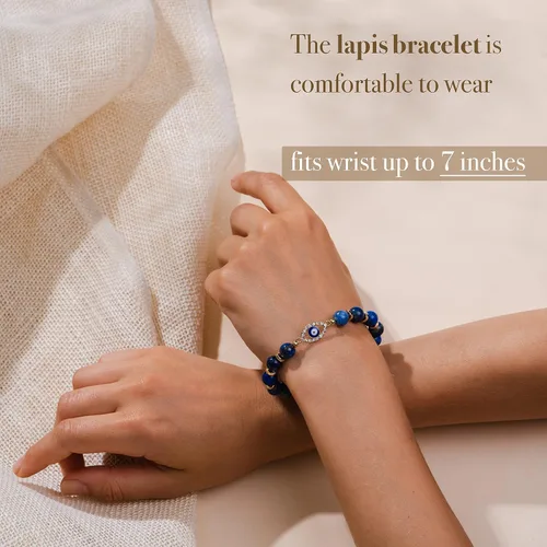 Vista 5 de VIBE MOOD ENERGY - Pulsera de protección Pulsera de cuentas de lapislázuli con dije contra el mal de ojo Pulsera de triple protección para aliviar