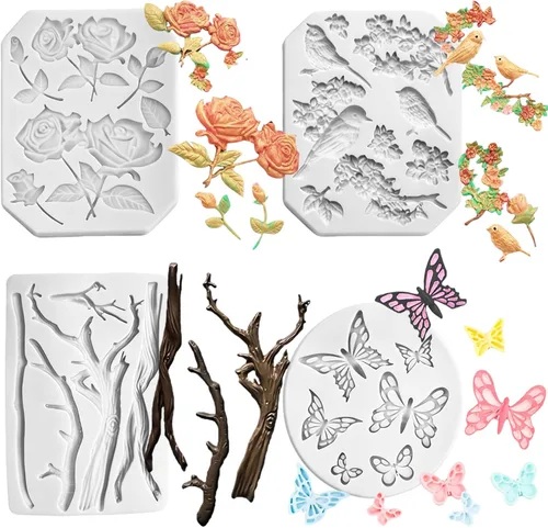 Vista 8 de Paquete de 3 moldes de silicona para fondant de mariposa, rosas, tallos de flores, pájaros, flores, para hacer fondant de chocolate, gelatina