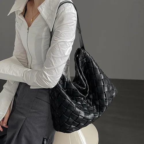 Vista 2 de Bolso Boston para mujer, bolso tejido de cuero vegano, bolso de mensajero para mujer, bolso cruzado de hombro de moda, casual hobo