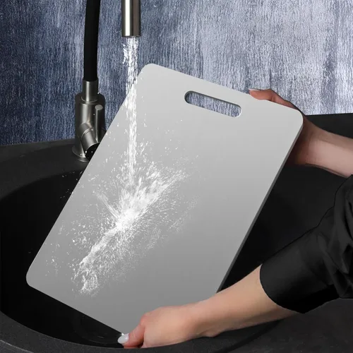 Vista 3 de Tabla de cortar de titanio, tablas de cortar de acero inoxidable para cocina, tabla de cortar 304 de grado alimenticio de doble cara para carne