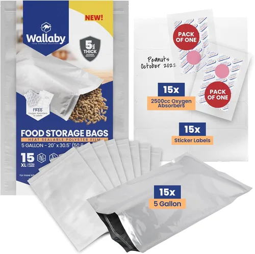 Vista 8 de Wallaby 30 bolsas de Mylar de 1 galón con absorbentes de oxígeno de 400 cc, bolsas de almacenamiento de alimentos a largo plazo de 10 mil de grosor