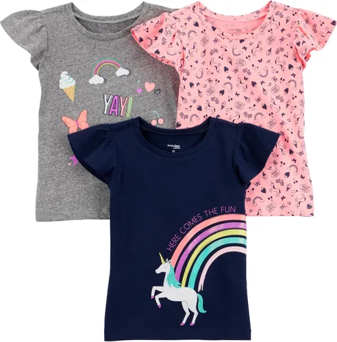 Vista 9 de Simple Joys by Carter's Camisas y tops de manga corta para niñas, paquete de 3 Corazones grises/dinosaurio rosa/impresión de texto blanco