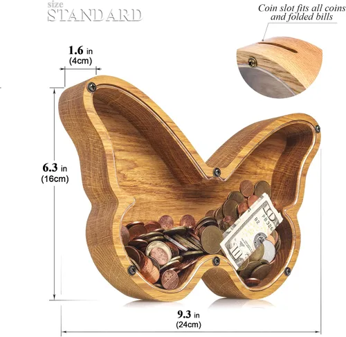 Vista 2 de BUTTERFLY - Alcancía para niños y niñas, caja de dinero personalizada para niños, ahorro de monedas de madera, idea de regalo perfecta