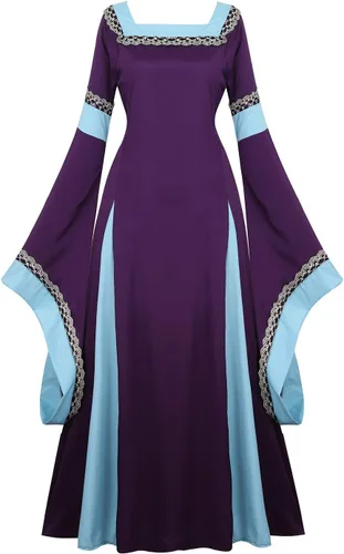 Vista 15 de Haorugut Disfraz medieval renacentista para mujer, vestido retro para cosplay 6508negro y blanco