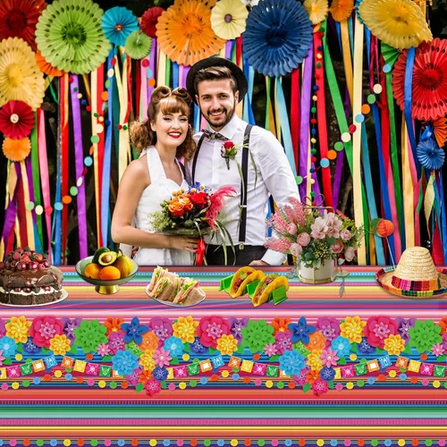 Vista 6 de Mantel de plástico para fiesta mexicana, 4 unidades, diseño de flores de papel a rayas mexicanas, decoración rectangular para fiesta de taco
