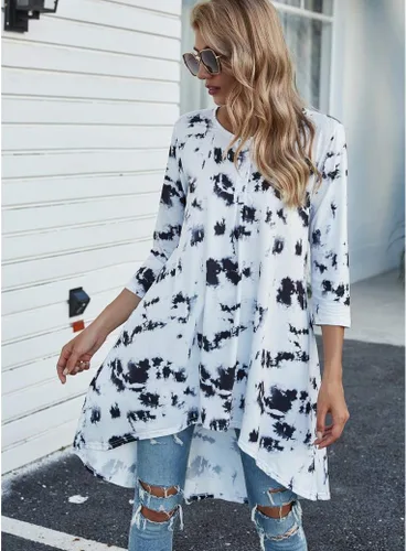 Vista 2 de Naggoo - Camiseta de manga 34 para mujer, diseño holgado y largo tipo túnica con cuello en V, botones, dobladillo asimétrico, casual, tallas S a 3XL