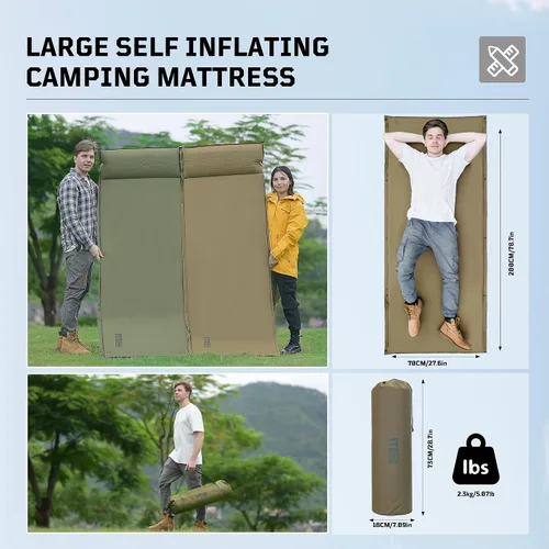 Vista 6 de 1TG Tactical Colchoneta de dormir autoinflable para campamento, colchón inflable aislado para invierno, con almohada, válvulas dobles, espuma