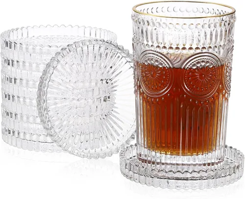 Vista 13 de JUXYES Juego de 5 posavasos de cristal tono ámbar redondos, tapetes para tazas de vidrio, posavasos para bebidas, café, té, vino, posavasos