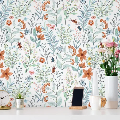 Vista 7 de VEELIKE Beetles - Papel tapiz floral para despegar y pegar, papel tapiz de flores azules y naranjas para dormitorio y baño, papel de contacto floral