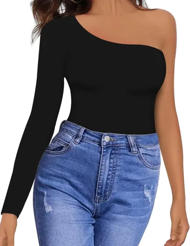 Vista 2 de MANGOPOP Women's One Shoulder Off Sleeveless Long Sleeve Tank Top Bodysuit Jumpsuits