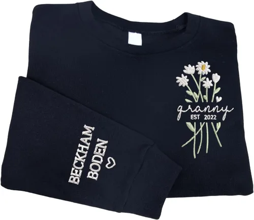 Vista 7 de NAZENTI Personalized Flower Sweatshirt for Women, Embroidered Grandma Gift G08.