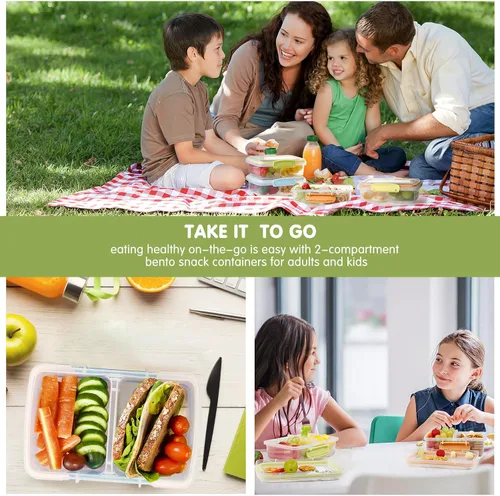 Vista 15 de Paquete de 4 recipientes de plástico para aperitivos con tapas, contenedor de alimentos de 2 compartimentos para caja de aperitivos para niños