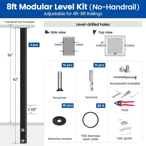 Vista 2 de Muzata Kit de barandilla de cable modular negro de 4 a 8 pies, kit de poste de 2 niveles de 36 pulgadas, sistema completo de barandilla de cable