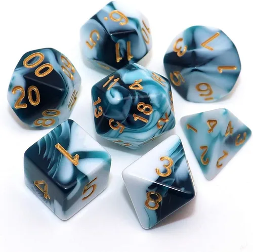 Vista 14 de Juego de dados poliédricos DND con brillo para juegos de rol de mazmorras y dragones (D&D) RPG, dados verdes mezclados con nebulosa negra