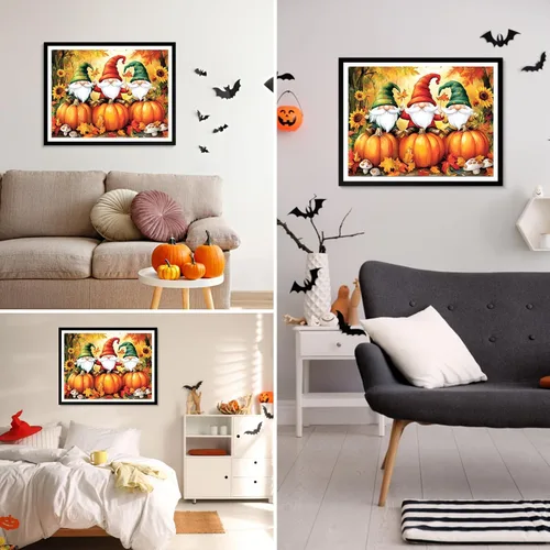 Vista 3 de MXJSUA Kit de pintura de diamantes de gnomos 5D para Halloween, para adultos, calabazas y diamantes, pintura artística con diamantes de imitación