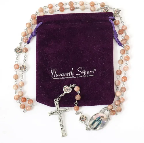 Vista 5 de Nazareth Store Cuentas de piedra natural con corazón de epoxi milagroso, cuentas de metal, collar de rosario, regalos cristianos de piedras preciosas