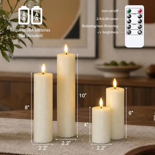 Vista 4 de Velas de pilar sin llama parpadeantes con control remoto y temporizador de ciclo, marfil, paquete de 4 operadas por batería (alimentadas por 2AA)
