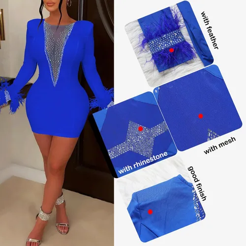 Vista 3 de CUTUBLY Women's Sexy Spaghetti Strap Rhinestone Clubwear Feather Hem Mini Dress Club Night Outfit
