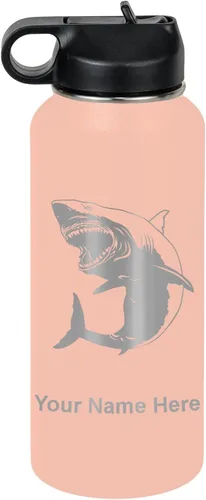 Vista 72 de LaserGram Botella de agua personalizada, gran tiburón blanco, acero inoxidable de doble pared aislada al vacío con popote superior, regalo grabado